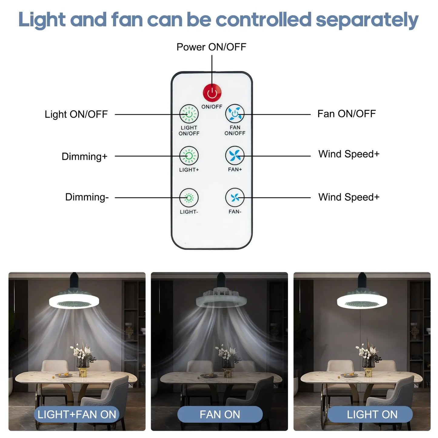 E27 ceiling fan light silent electric fan with remote control ceiling fan light suitable for living room study room kitchen