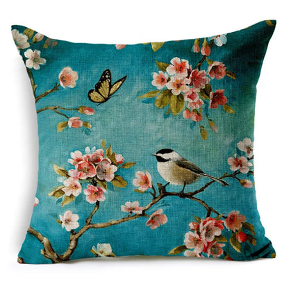 Birds & Butterfly Cushion: Decorative Linen Pillow