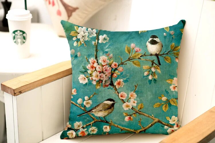 Birds & Butterfly Cushion: Decorative Linen Pillow