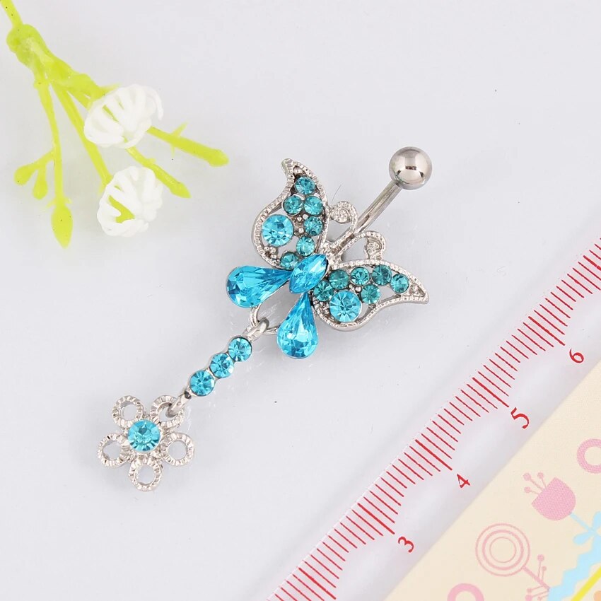 Blue Butterfly Rhinestone Navel Ring - Fashion Body Piercing