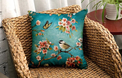 Birds & Butterfly Cushion: Decorative Linen Pillow